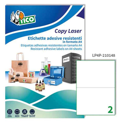 Etichette adesive LP4P - in poliestere - laser - permanenti - 210 x 148 mm - 2 et/fg - 70 fogli - bianco - Tico