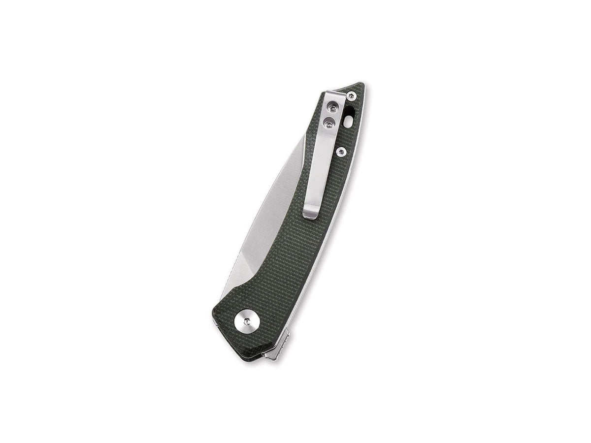 Vista manico micarta verde QSP Leopard con clip inox foro laccetto