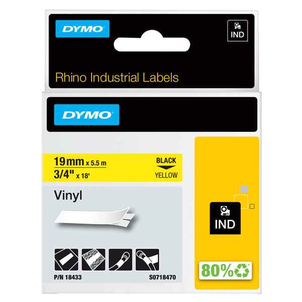 Nastro Rhino 18433 - 19 mm x 5,5 mt - poliestere permanente - nero/giallo - Dymo