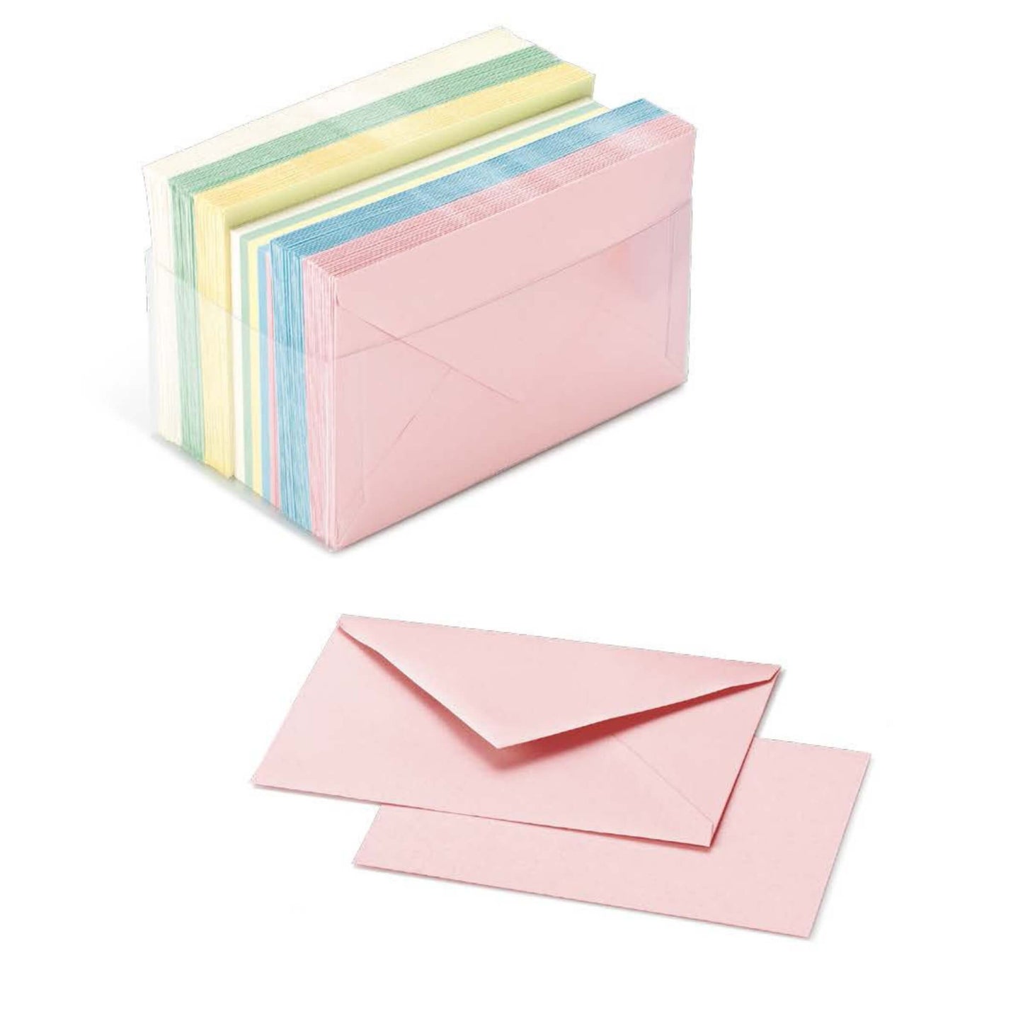 SCATOLA 100 CARTONCINI 200gr + 100 BUSTE 90gr ARCOBALENO 5 COLORI PASTELLO FORMATO 4 - 7,5x11 cm FAVINI