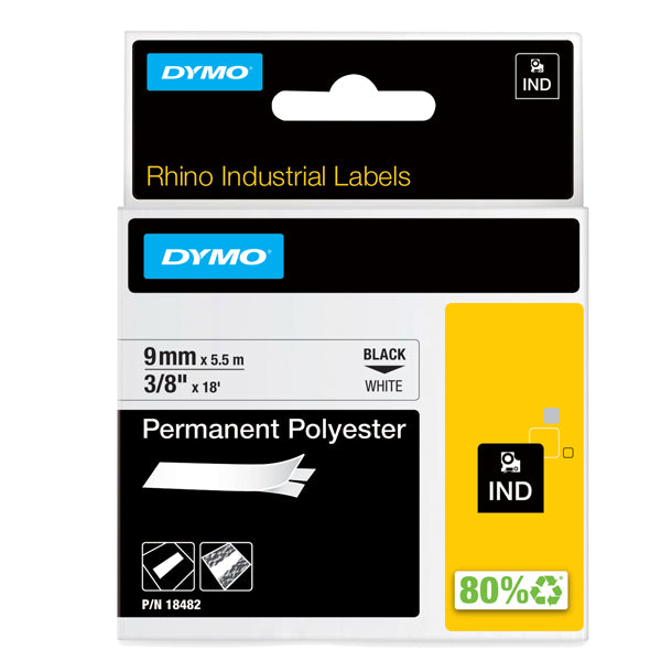 Nastro Rhino 18482 - 9 mm x 5,5 mt - poliestere - permanente - nero/bianco - Dymo