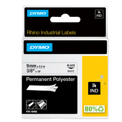 Nastro Rhino 18482 - 9 mm x 5,5 mt - poliestere - permanente - nero/bianco - Dymo