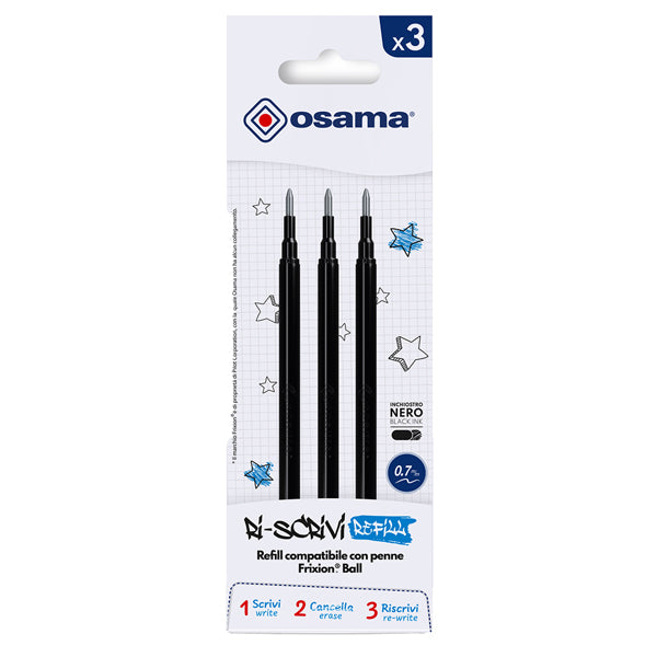 Refill per penne gel cancellabili - punta 0,7 mm - nero  - Osama - conf. 3 pezzi