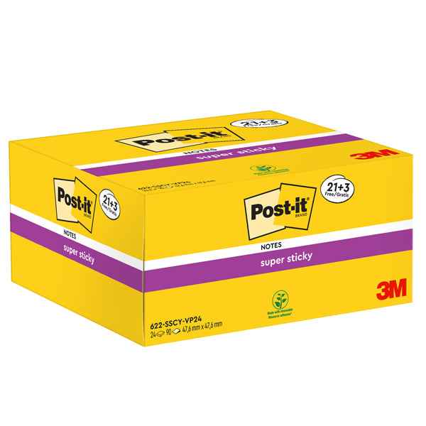 Blocco foglietti Post-it Super Sticky - 622-SSCY-VP24-EU - 47,6 x 47,6 mm - giallo Canary - 90 fogli - Post-it - conf. 24 blocchi