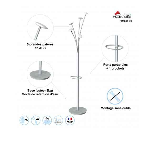 Appendiabiti - con portaombrelli - 5 posti - 187 cm - bianco - Alba