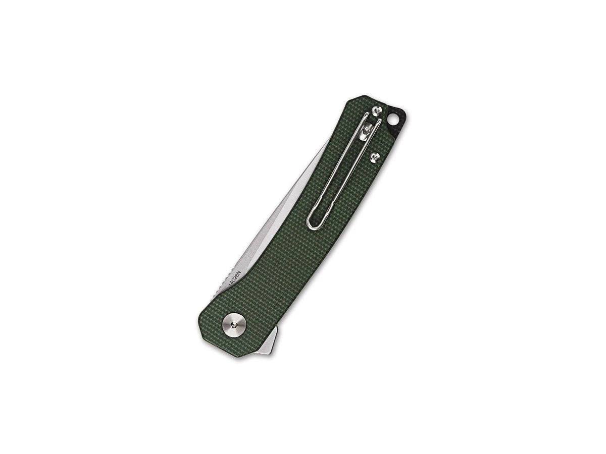 Vista manico micarta verde QSP Osprey con clip inox foro laccetto
