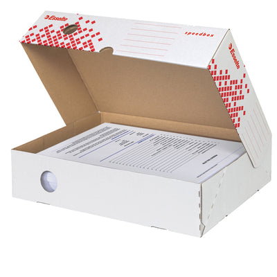 Scatola archivio Speedbox - dorso 8 cm - 35 x 25 cm - apertura totale - bianco e rosso - Esselte