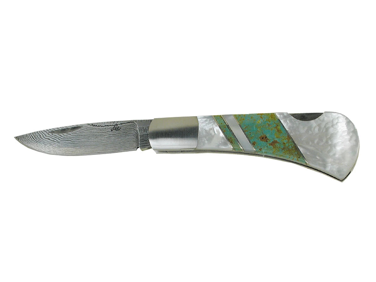 Santa Fe Stoneworks Damascus Folder LEEFL lama damascata manico mosaico pietre entrambe guancette lunghezza 18 cm