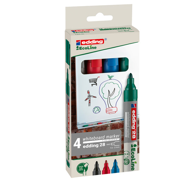 Marcatore per lavagne bianche 28 EcoLine - punta conica - da 1,5 a 3 mm - colori assortiti - Edding - astuccio 4 pezzi