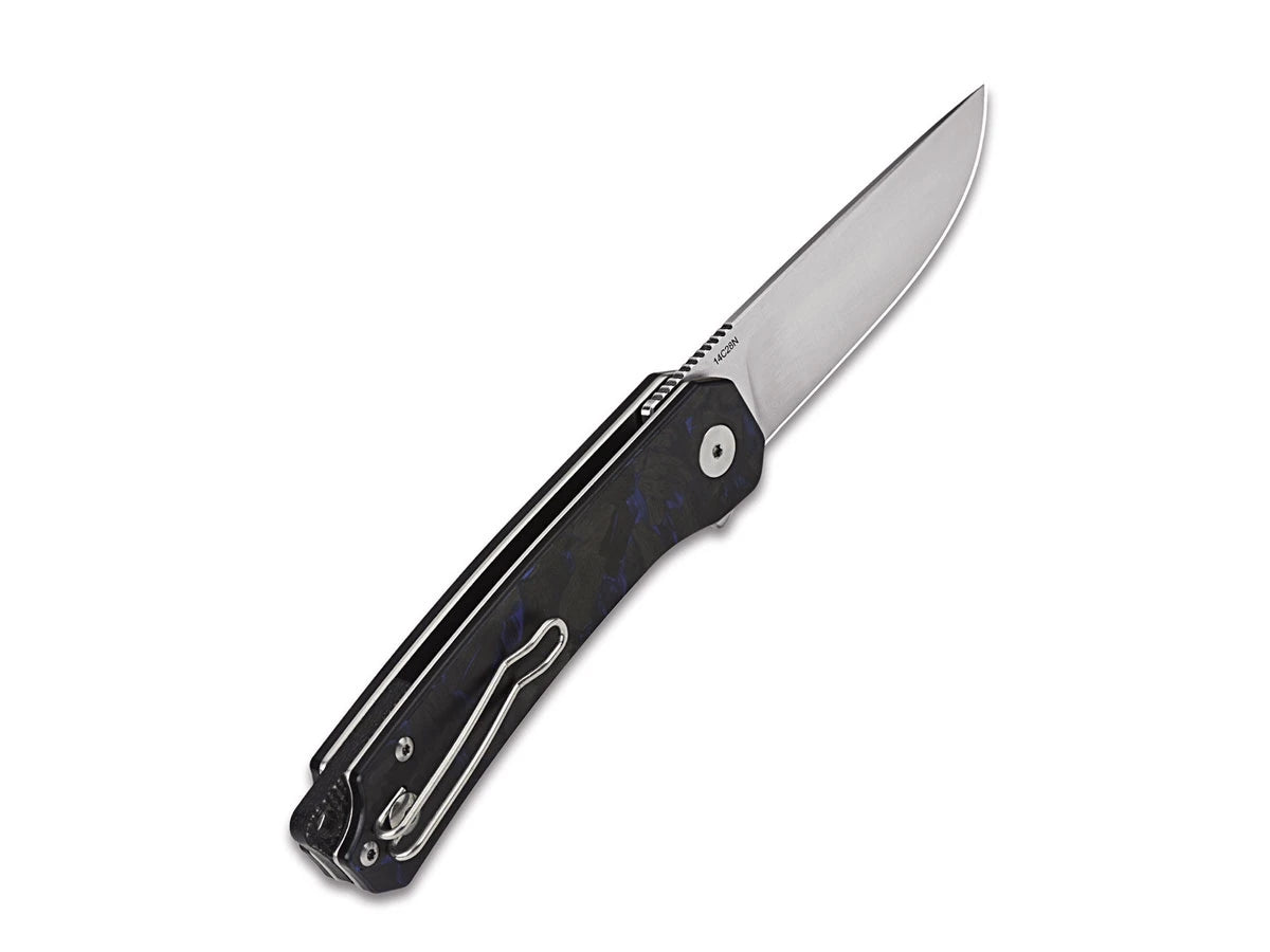 Dettaglio lama 14C28N satin QSP Osprey G-10 CF tritato blu