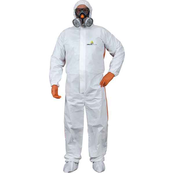 Tuta di protezione da rischio chimico DT125 - monouso - taglia L - PP/PE - bianco/arancio - Deltaplus