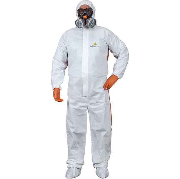 Tuta di protezione da rischio chimico DT125 - monouso - taglia XL - PP/PE - bianco/arancio - Deltaplus