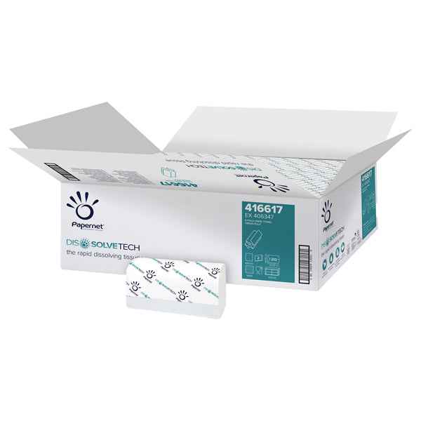 Asciugamani piegati a Z Dissolve Tech - 2 veli - 20 gr - goffratura a onda - 20,3 x 24 cm - bianco - Papernet - conf. 200 pezzi