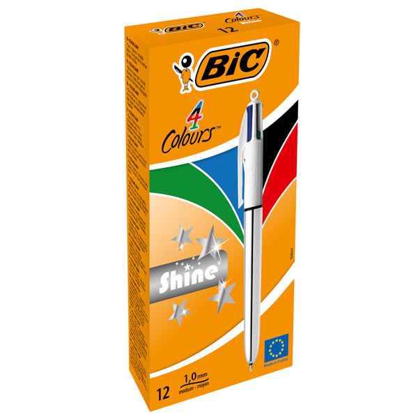 Penna sfera scatto multifunzione 4 Colors Shine - punta 1,0 mm - fusto silver - Bic - conf. 12 pezzi
