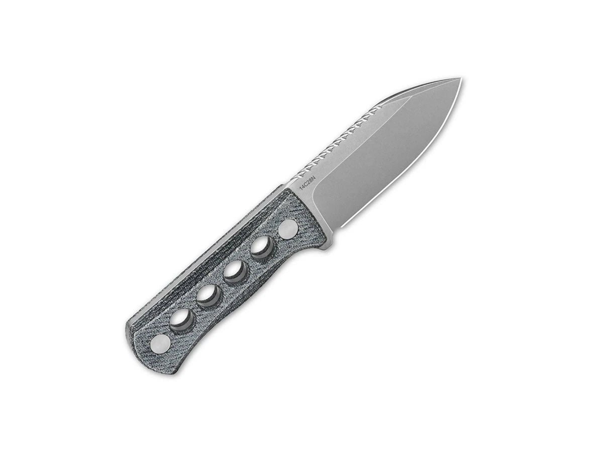 Dettaglio lama drop point 14C28N QSP Canary Micarta blu denim 6,3 cm