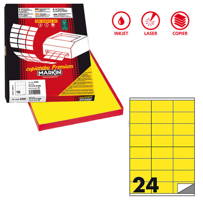 Etichette adesive C/500 - in carta - permanenti - 70 x 36 mm - 24 et/fg - 100 fogli - giallo fluo - Markin