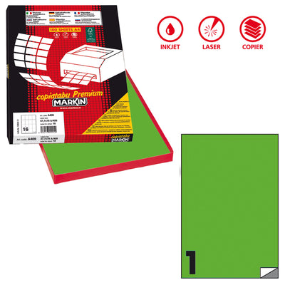 Etichette adesive C/503 - in carta - permanenti - 210 x 297 mm - 1 et/fg - 100 fogli - verde fluo - Markin