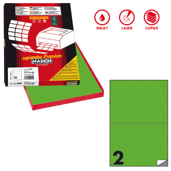 Etichette adesive C/509 - in carta - permanenti - 210 x 148,5 mm - 2 et/fg - 100 fogli - verde fluo - Markin