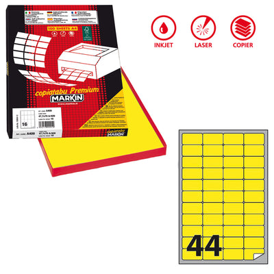 Etichette adesive A/406 - in carta - permanenti - 47,5 x 25,5 mm - 44 et/fg - 100 fogli - giallo fluo - angoli tondi - Markin