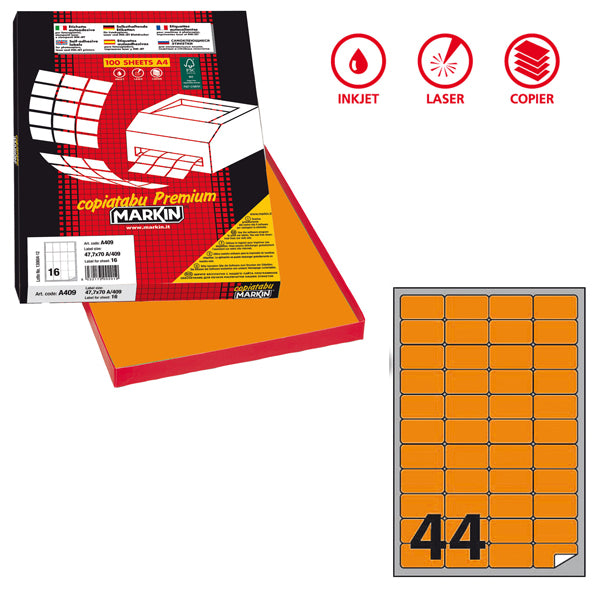 Etichette adesive A/406 - in carta - permanenti - 47,5 x 25,5 mm - 44 et/fg - 100 fogli - arancio fluo - angoli tondi - Markin