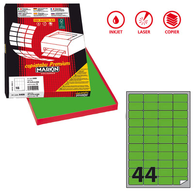 Etichette adesive A/406 - in carta - permanenti - 47,5 x 25,5 mm - 44 et/fg - 100 fogli - verde fluo - angoli tondi - Markin
