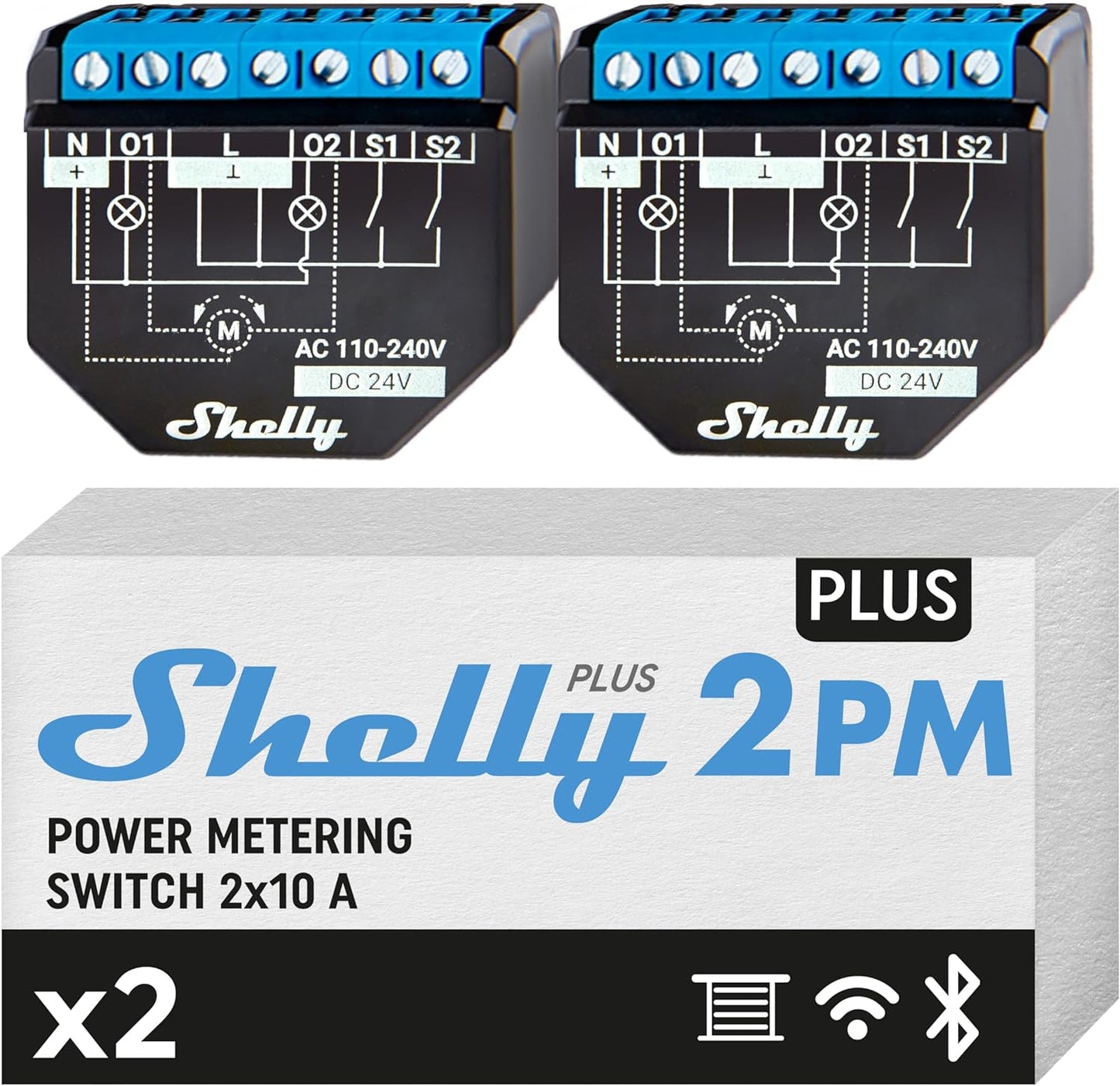 Shelly Plus 2PM DOUBLE PACK - Smart Relay 16A AC/DC WiFi/BT + PM