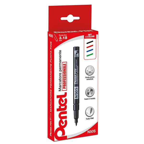 Marcatore permanente N50S - punta tonda - astuccio 4 colori assortiti - Pentel