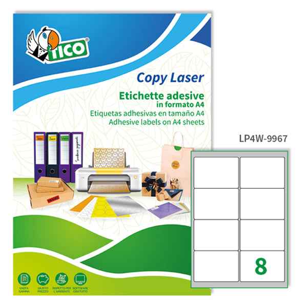 Etichette adesive LP4W - in carta - angoli arrotondati - permanenti - 99,1 x 67,7 mm - 8 et/fg - 100 fogli - bianco - Tico