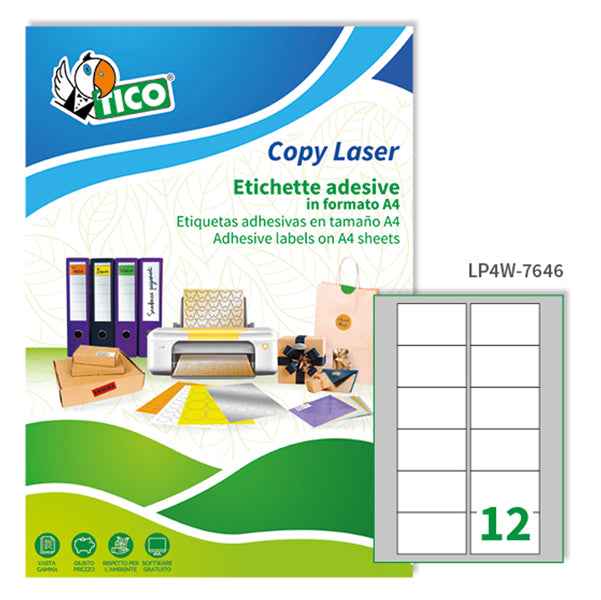 Etichette adesive LP4W - in carta - angoli arrotondati - permanenti - 76,2 x 46,4 mm - 12 et/fg - 100 fogli - bianco - Tico