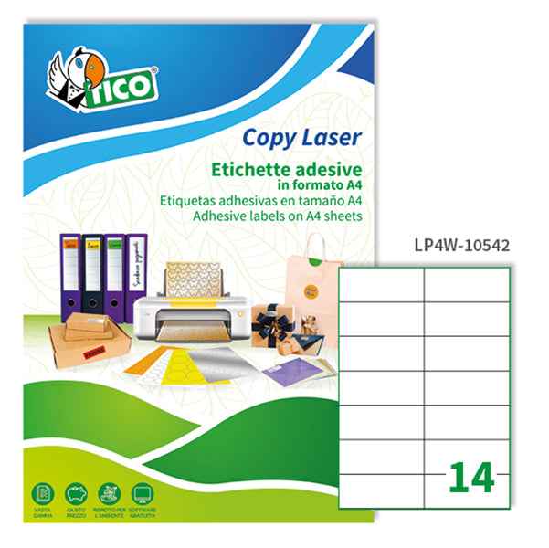 Etichette adesive LP4W - in carta - permanenti - 105 x 42,3 mm - 14 et/fg - 100 fogli - bianco - Tico