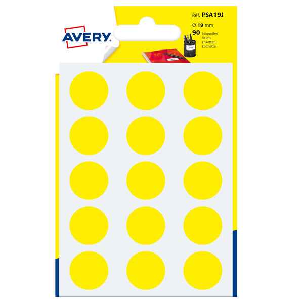Etichette adesive tonde PSA - in carta - permanenti - diametro 19 mm - 15 et/fg - 6 fogli - giallo - Avery