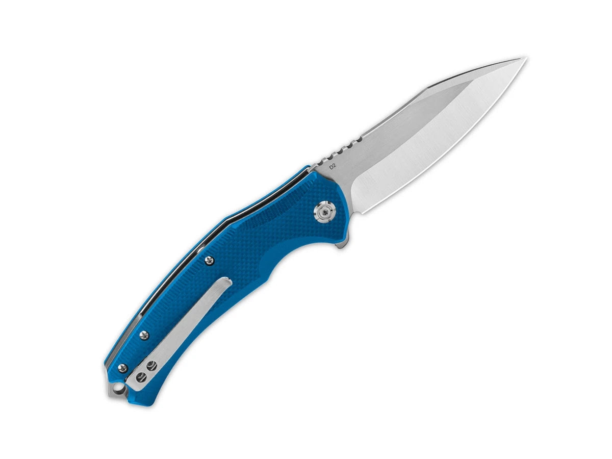 Dettaglio lama clip point D2 QSP Snipe apertura flipper blu