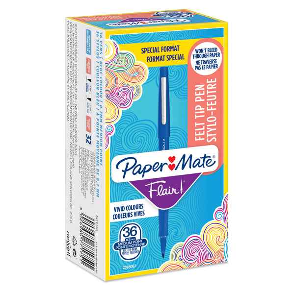 Pennarello Flair Nylon - punta feltro - 1,10mm - blu - Papermate - conf. 30 + 6 pezzi