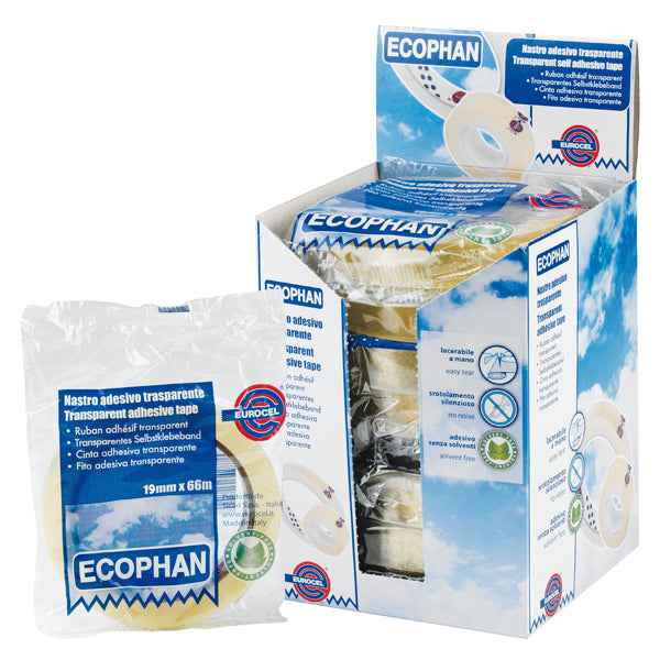 Nastro adesivo Ecophan - confezionato singolarmente - 19 mm x 66 m - acrilico - trasparente - Eurocel