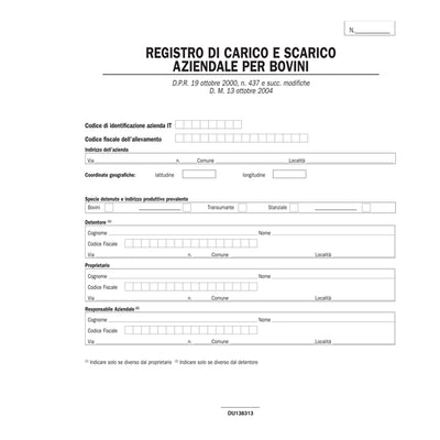 Registro carico/scarico bovini - 23 pagine numerate - 31 x 24,5 cm - DU138313000 - Data Ufficio
