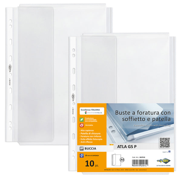 Buste forate ATLA GS P - 21 x 29,7 cm - PP - c/soffietto e patella - trasparente buccia - Sei Rota - conf. 10 pezzi