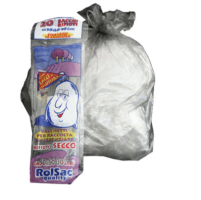 Sacchi - 50 x 60 cm - 30 L - 16 micron - MDPE/HDPE - grigio trasparente - Rolsac - conf. 20 pezzi