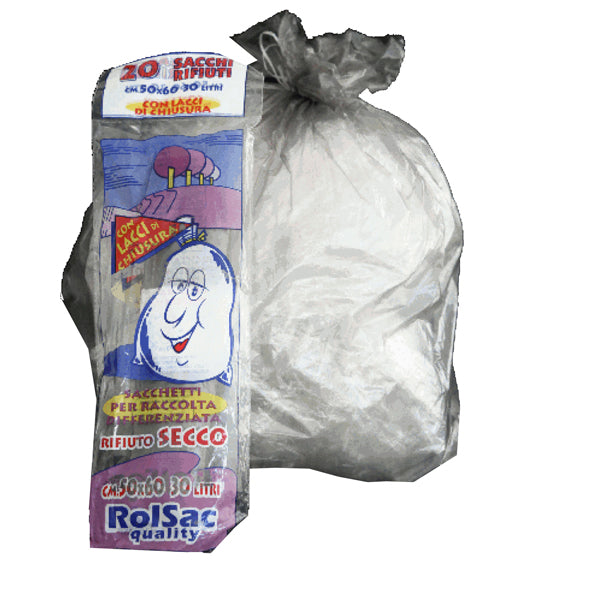 Sacchi - 50 x 60 cm - 30 L - 16 micron - MDPE/HDPE - trasparente neutro - Rolsac - conf. 20 pezzi