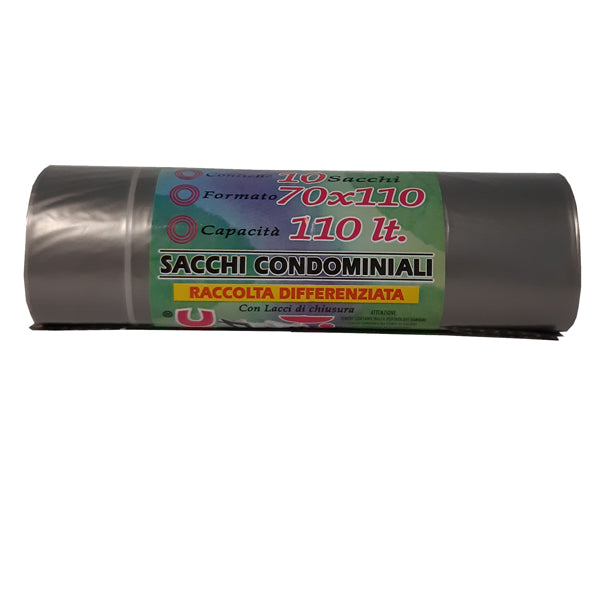 Sacchi - 70 x 110 cm - 110 L - 22 micron - MDPE/HDPE - grigio trasparente - Rolsac - conf. 10 pezzi