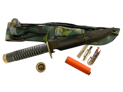 Survival Black Blade 20 cm - dettaglio accessori integrati e fodero cuoio camo Made in Italy