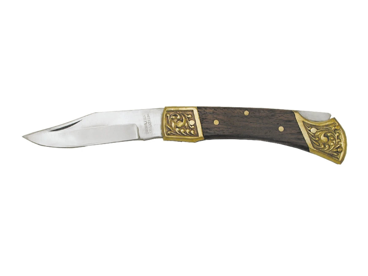 Coltello folding Import N.360-4 manico legno testine incise 17 cm Made in Pakistan