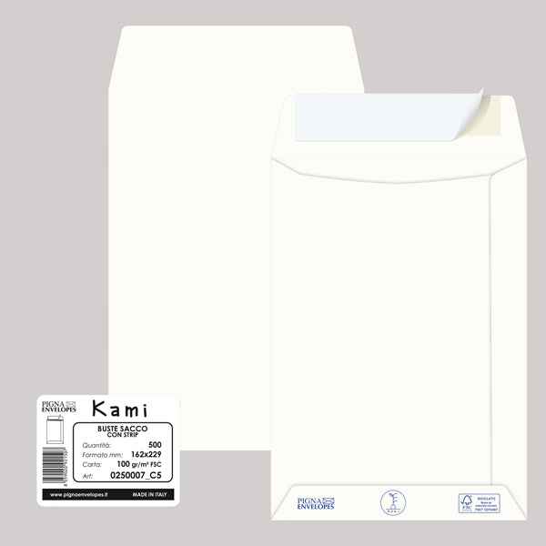 Busta a sacco Kami Strip - 16,2 x 22,9 cm - 100 gr - carta riciclata FSC - bianco - Pigna Envelopes - conf. 500 pezzi
