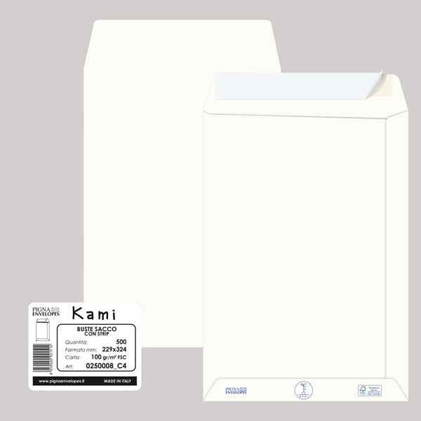 Busta a sacco Kami Strip - 22,9 x 32,4 cm cm - 100 gr - carta riciclata FSC - bianco - Pigna Envelopes - conf. 500 pezzi