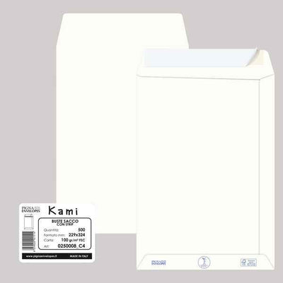 Busta a sacco Kami Strip - 22,9 x 32,4 cm cm - 100 gr - carta riciclata FSC - bianco - Pigna Envelopes - conf. 500 pezzi