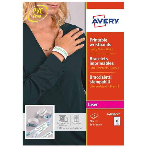 Braccialetti identificativi stampabili - 5 fogli - 10 et/fg - A4 - PE - bianco - Avery