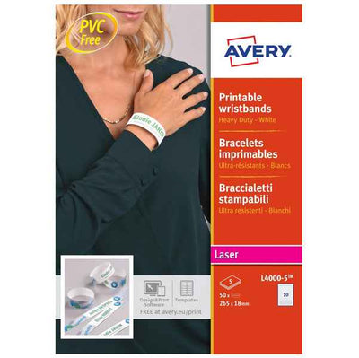 Braccialetti identificativi stampabili - 5 fogli - 10 et/fg - A4 - PE - bianco - Avery