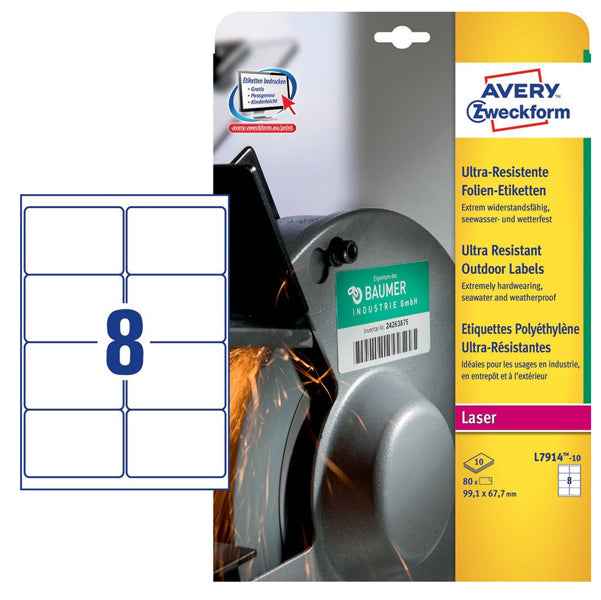 Etichette protezione e sicurezza - in PE - laser - permanenti - 99,1 x 67,7 mm - 8 et/fg - 10 fogli -  bianco - Avery