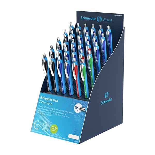 Penna sfera Slider Rave - colori assortiti (blu/nero/rosso/verde - Schneider - expo 30 pezzi