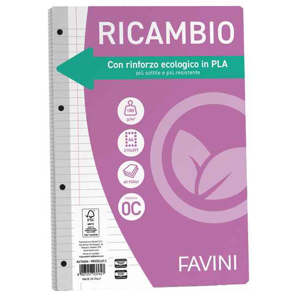 Ricambi forati riforzati ecologico - A4  - 1 rigo c/margine - 100 gr - Favini - conf. 40 pezzi