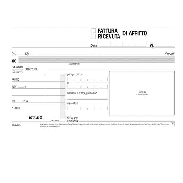 Blocco ricevute/ fatture di affitto - 50/50 copie autoricalcanti - 16,8 x 10 cm - DU1612C0000 - Data Ufficio